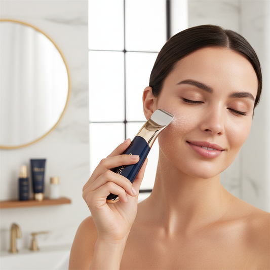 Woman using Elvano Ultrasonic Skin Scrubber on face