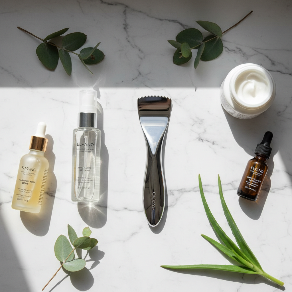 Elvano Ultrasonic Skin Scrubber flat lay with skincare products on marble